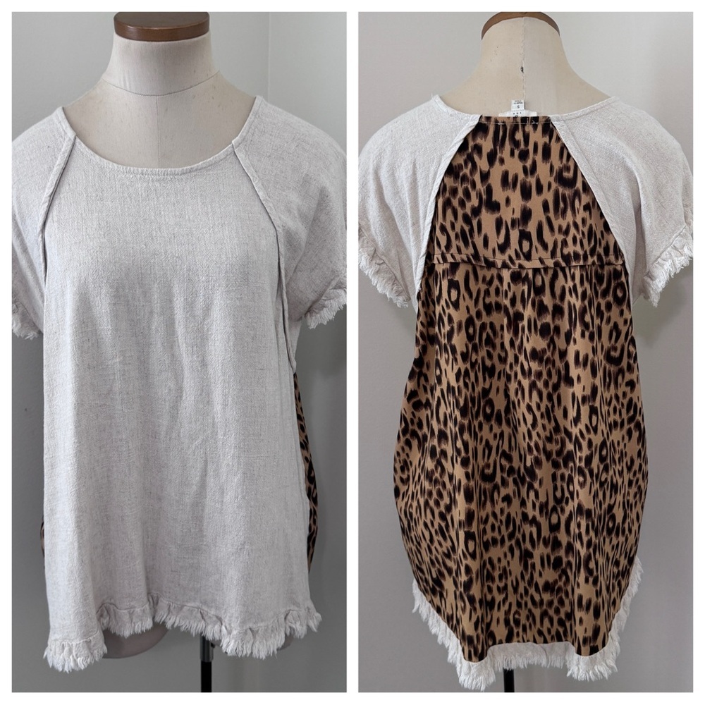 Umgee Small Tunic Top ~ Linen Cream & Leopard Print Relaxed Fit Fringe Lagenlook